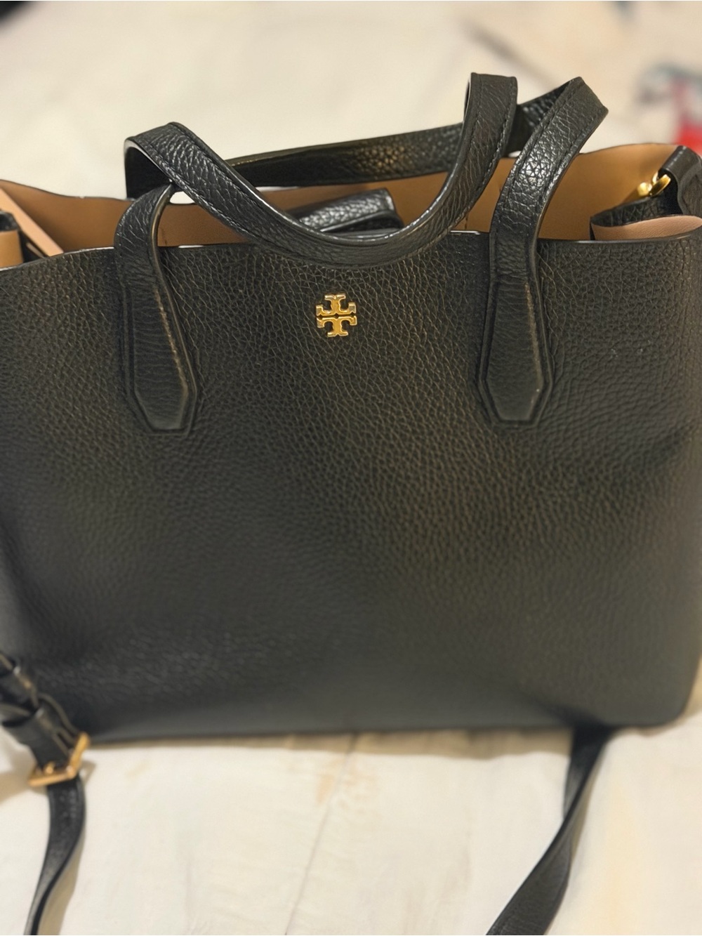 Tory Burch Black Pebbled Leather Tote with Gold Logo - Picture 2 of 8
